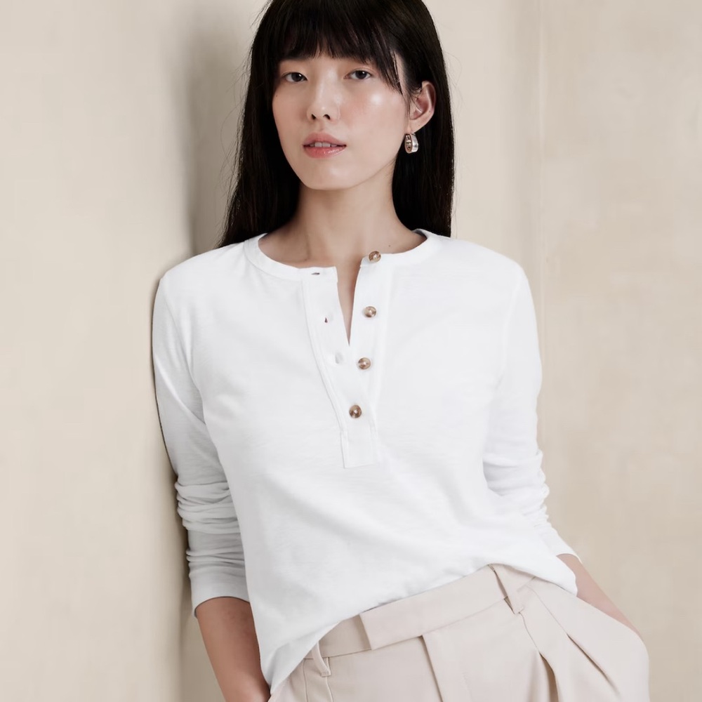 Slub Ribbed Henley T-Shirt - by Banana Republic factory. White, 100% Cotton.